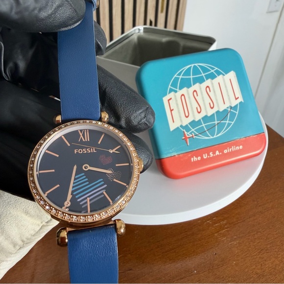 🩵 FOSSIL WATCH Navy Gold Cristals Hearth 🇺🇸Timepiece/read NOTE: NEW/needs fixing - Picture 7 of 12